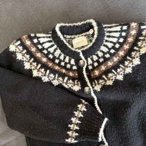 Doen Black Fair Isle Cardigan with Cream and Brown Accents